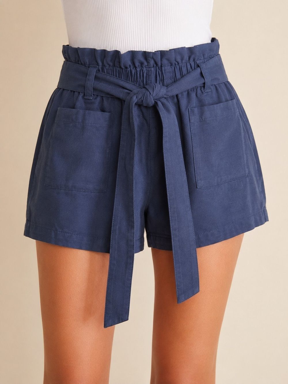 LC Lauren Conrad Blue Paperbag Waist Belted Shorts Women's Large Cotton Blend